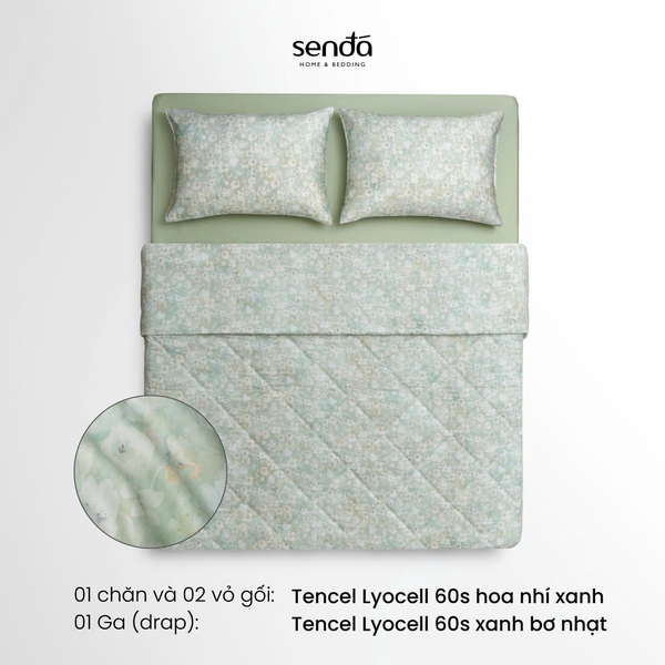 Vỏ chăn chần bông Lụa Tencel 60S họa tiết - Hoa nhí xanh