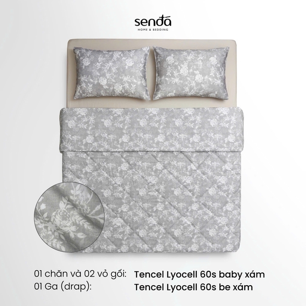 Vỏ chăn chần bông Lụa Tencel 60S họa tiết - Baby xám