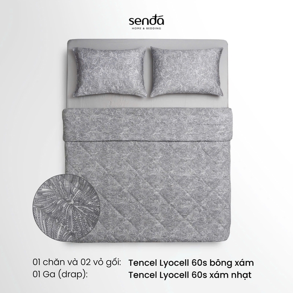 Vỏ chăn chần bông Lụa Tencel 60S họa tiết - Bông xám