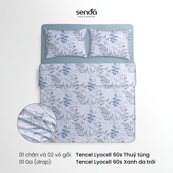 Bộ chăn ga gối 4 món (chăn chần bông) Lụa Tencel 60S họa tiết - Thủy tùng