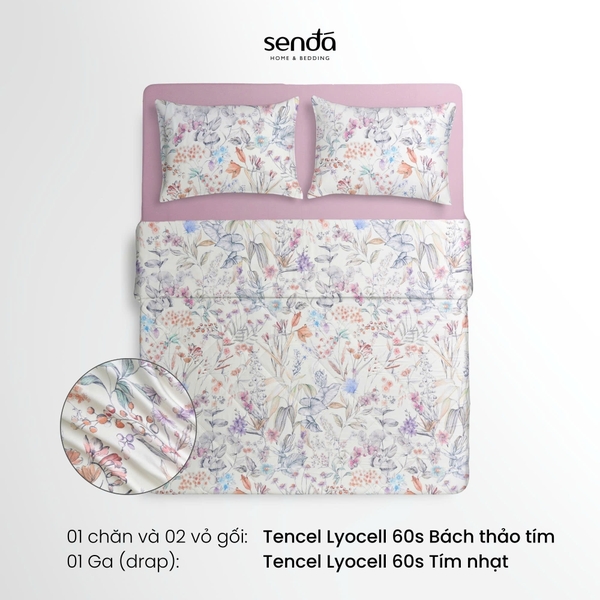 Bộ chăn ga gối 4 món (chăn chần bông) Lụa Tencel 60S họa tiết - Bách thảo tím