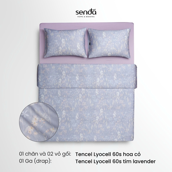 Bộ chăn ga gối 4 món (chăn chần bông) Lụa Tencel 60S họa tiết - Hoa cỏ