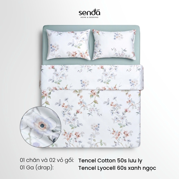 Bộ chăn ga gối 4 món (chăn chần bông) Tencel Cotton họa tiết - Lưu ly