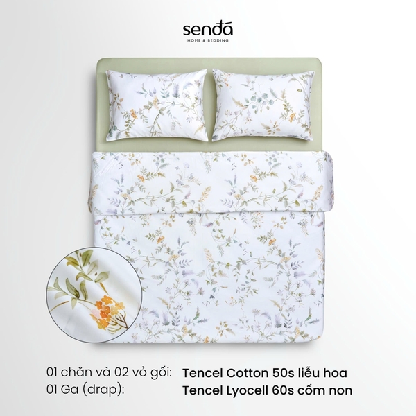 Bộ chăn ga gối 4 món (chăn chần bông) Tencel Cotton họa tiết - Liễu hoa