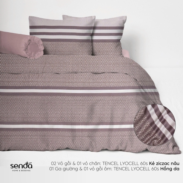 Bộ chăn ga gối 5 món Lụa Tencel 60S họa tiết - Kẻ ziczac nâu