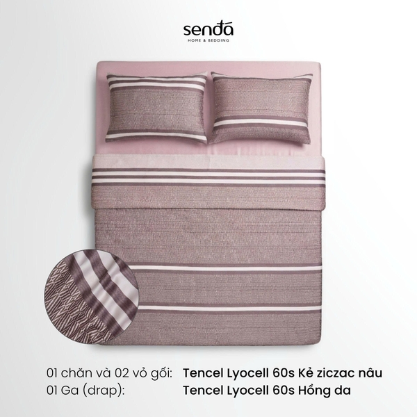 Bộ chăn ga gối 4 món (chăn chần bông) Lụa Tencel 60S họa tiết - Kẻ ziczac nâu