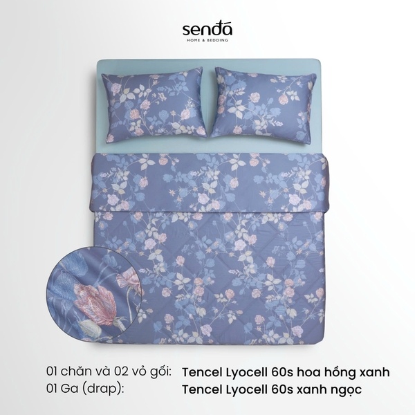 Bộ chăn ga gối 4 món (chăn chần bông) Lụa Tencel 60S họa tiết - Hoa hồng xanh