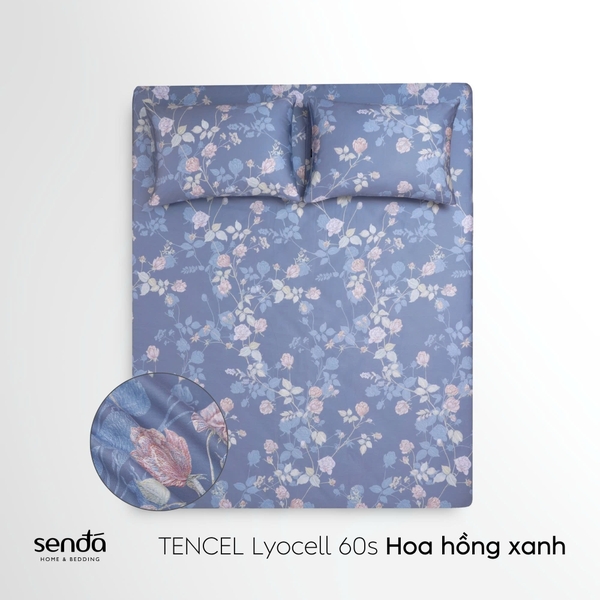 Bộ ga gối 3 món Lụa Tencel 60S họa tiết - Hoa hỗng xanh