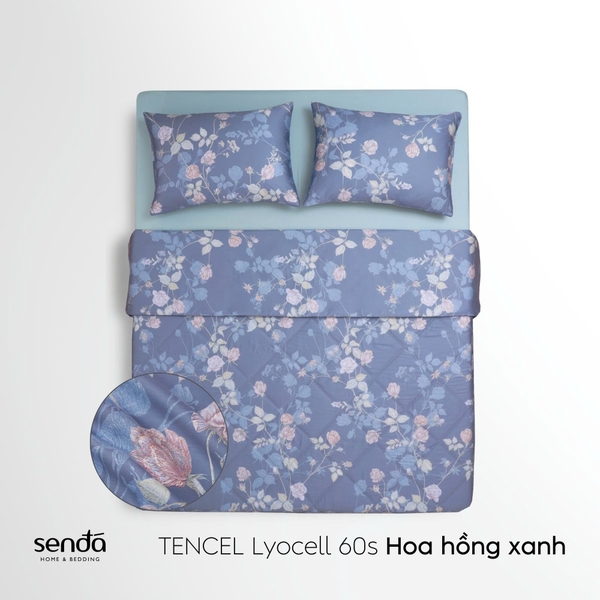 Vỏ chăn chần bông Lụa Tencel 60S họa tiết - Hoa hồng xanh