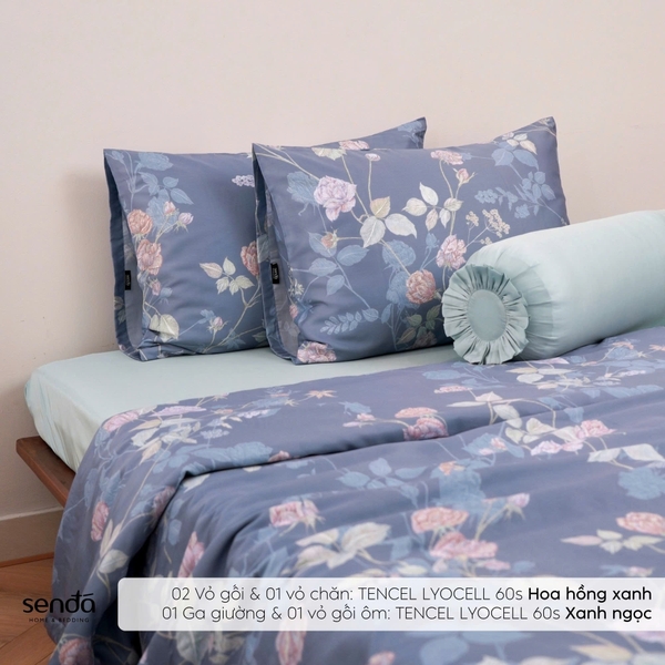 Bộ chăn ga gối 5 món Lụa Tencel 60S họa tiết - Hoa hồng xanh