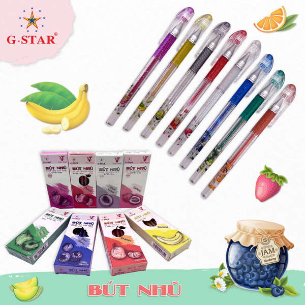 G-Star Bút Gel Nhũ Kim Tuyến THƠM GLITTER (Bạc, Cam, Hồng, Lá, Biển, Vàng, Đỏ) (12 Cây/Hộp; 10 Hộp/ Lốc; 120 Hộp/ Thùng)