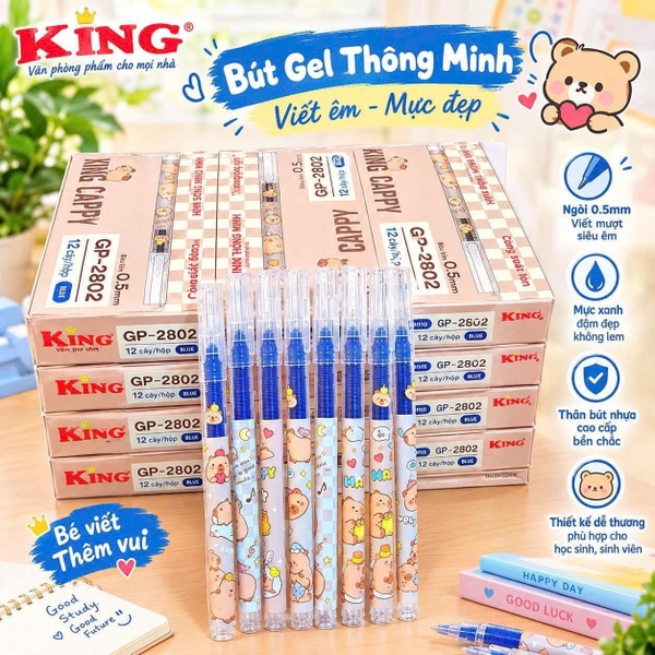 Bút Gel Mực Nước KING Cappy 2802 Mực Xanh (12 Cây/Hộp, 240 Hộp/Thùng)