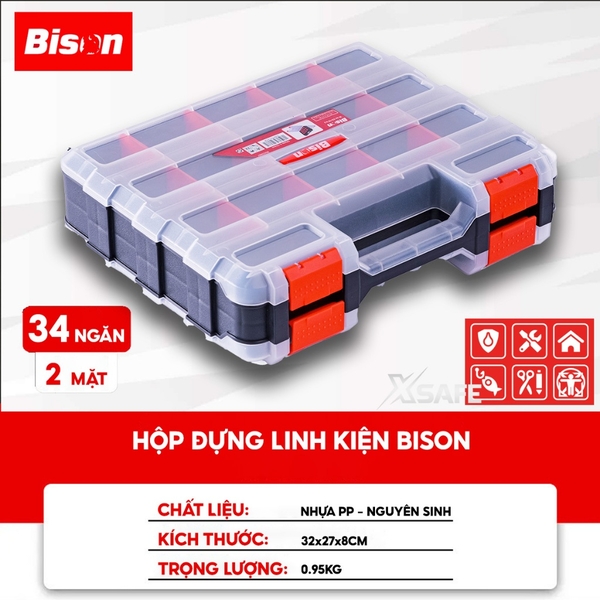 Hộp đựng nhựa linh kiện 2 mặt Bison BS322887 nhiều ngăn chứa, 34 ngăn, vách ngăn có thể tháo rời