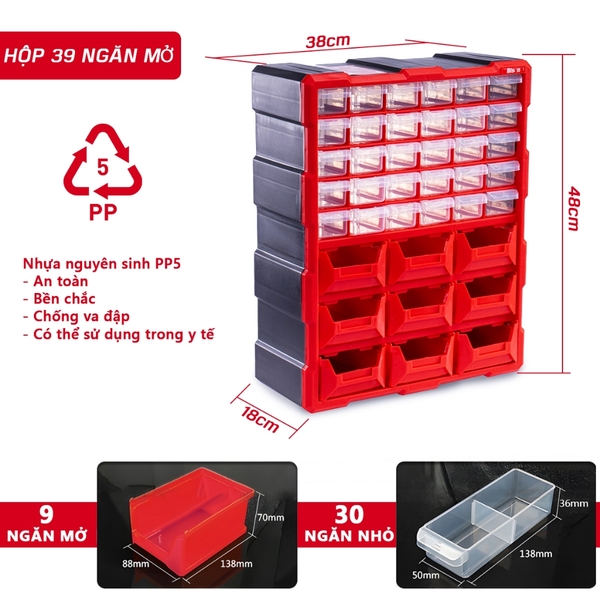 Tủ nhựa đựng linh kiện nhiều ngăn Bison tổng 39 ngăn tiện lợi, nhựa PP nguyên sinh, dùng đựng ốc vít linh kiện điện tử