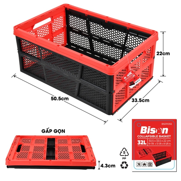 Rổ nhựa gấp gọn đa năng Bison BS011055 nhựa nguyên sinh bền chắc, kích thước50x33x22cm, có thể gấp gọn tiện lợi