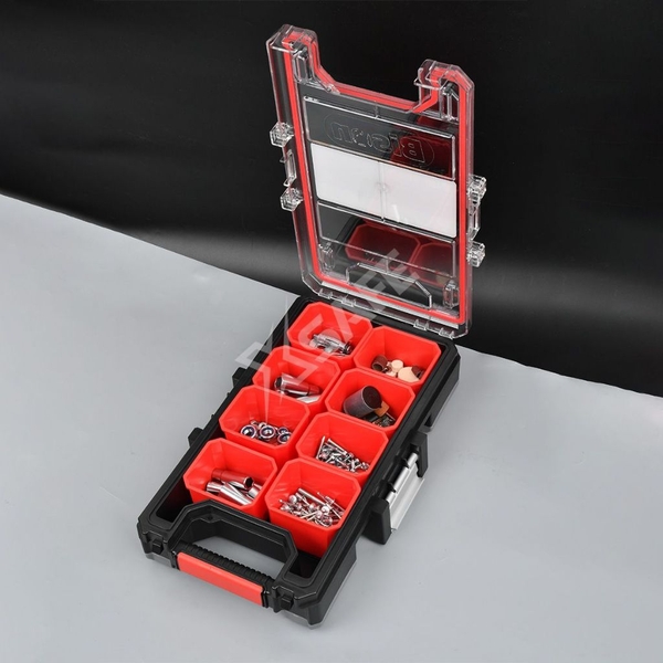 Hộp nhựa đựng linh kiện chống nước chuẩn IP53 Bison 8 ngăn chứa có thể tháo rời, khóa nhôm chịu lực