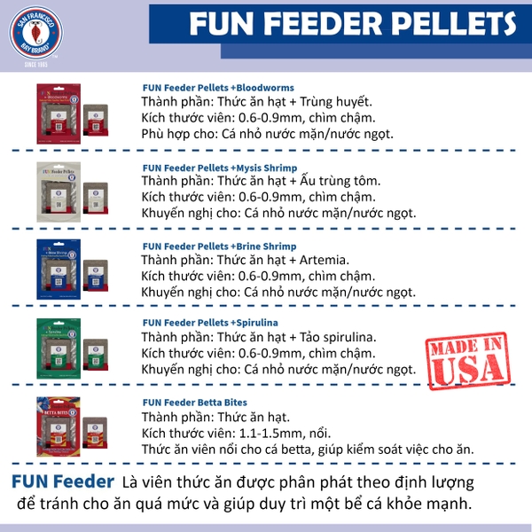 Viên thức ăn Fun Feeder Pellets kết hợp trùng huyết và tôm Artemia, giúp cá nhỏ nước mặn/nước ngọt phát triển khỏe mạnh.