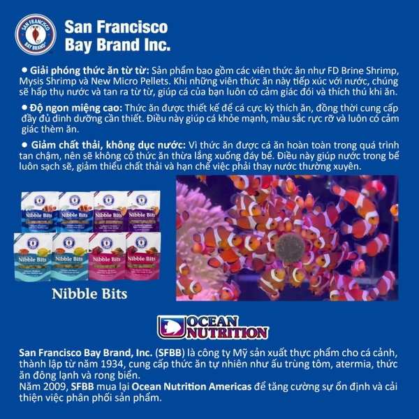Các sản phẩm thức ăn cho cá biển từ San Francisco Bay Brand, Inc. (SFBB), bao gồm Nibble Bits và Fun Feeder Pellets.