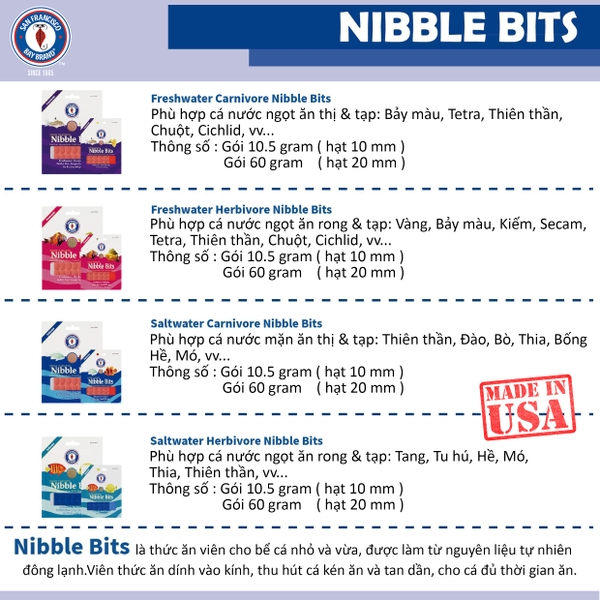 Thức ăn viên Nibble Bits cho cá nước ngọt và nước mặn, hỗ trợ sự phát triển khỏe mạnh và duy trì nước sạch trong bể cá.