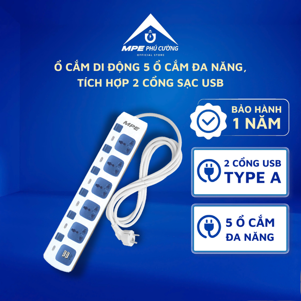 AM5S-2USB - Ổ cắm di động gồm 5 ổ cắm đơn đa năng + 2 ổ cắm sạc USB
