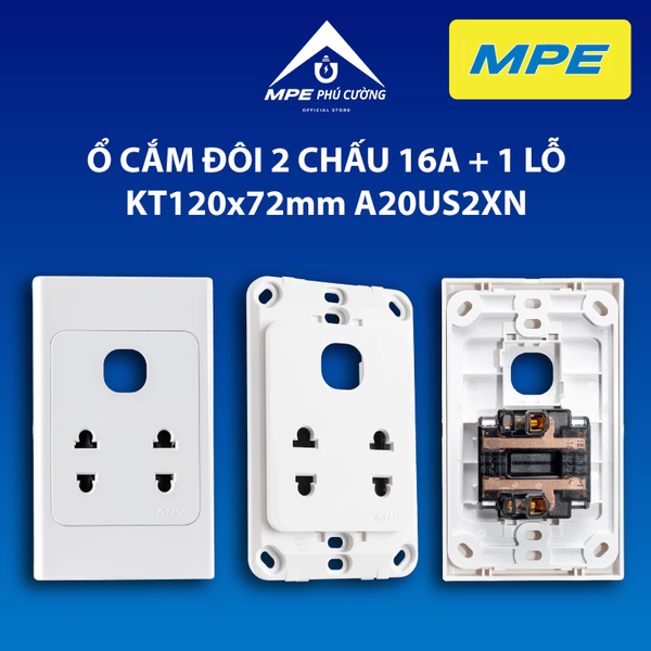 A20US2XN - Ổ cắm đôi 2 chấu 16A + 1 Lỗ mã