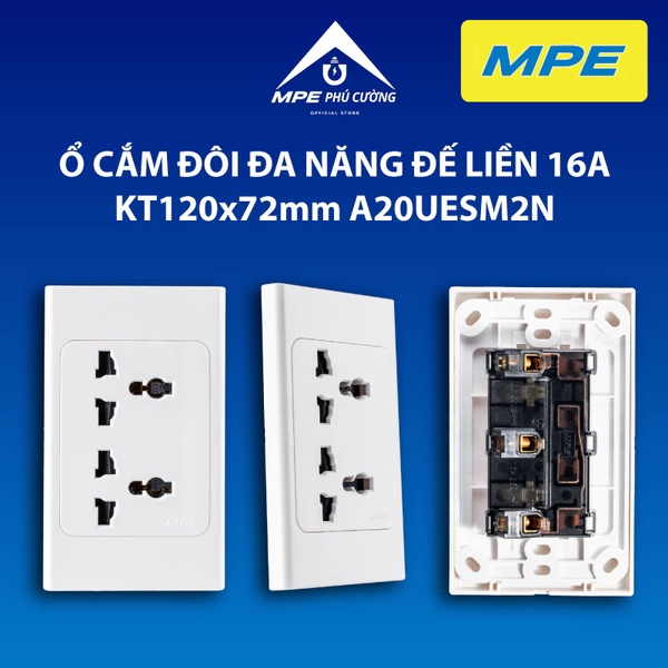 A20UESM2N - Ổ cắm đôi đa năng đế liền 16A