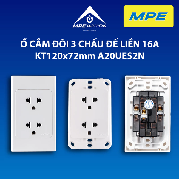 A20UES2N - Ổ cắm đôi 3 chấu đế liền 16A