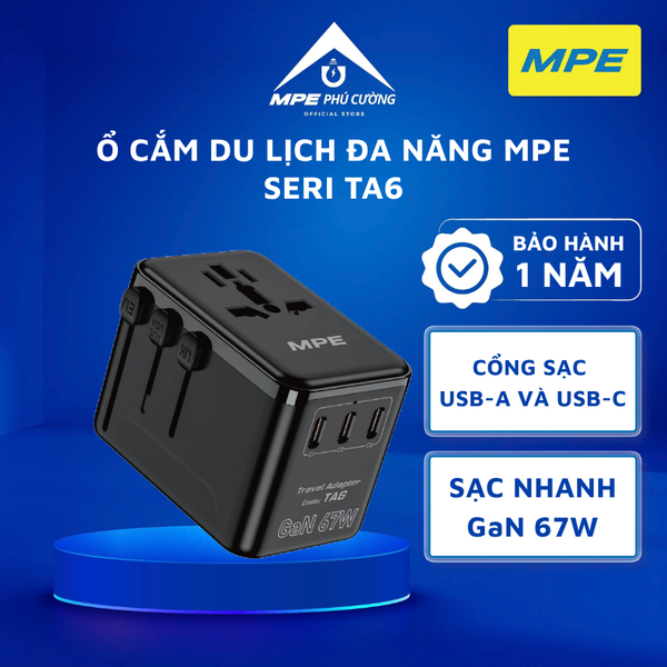 TA6 - Ổ cắm du lịch đa năng, Tích hợp 3 cổng USB-C, 1 cổng USB-A, sạc nhanh GaN 67W