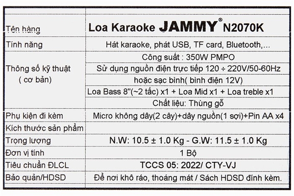 Loa karaoke xách tay Jammy N2070K 350W