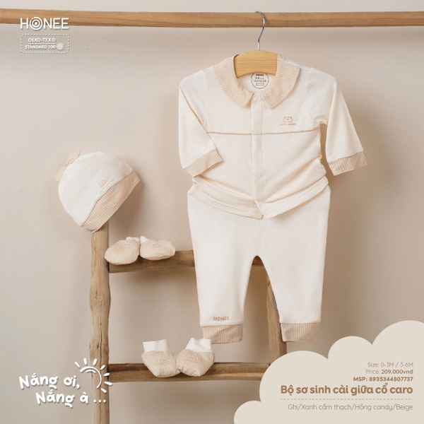 Bộ sơ sinh cài giữa chéo cổ caro 7737 Honee