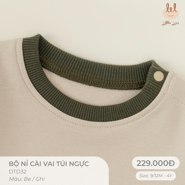 (C2.5-DHV) Bộ nỉ cài vai túi ngực Little Love