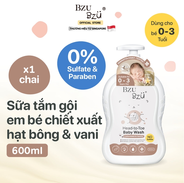Sữa tắm gội toàn thân cho bé Bzu Bzu chiết xuất hạt bông và vani 600ml (0M+)