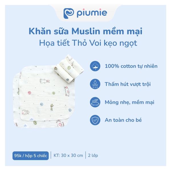 Hộp 5 khăn sữa Muslin Piumie 2 lớp - Piu Muslin (30x30CM)