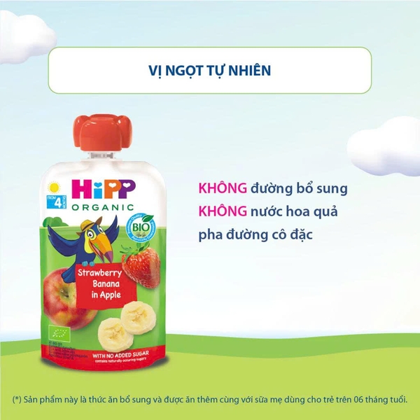 Dinh dưỡng 100% trái cây nghiền hữu cơ HiPPiS Organic vị Dâu tây, Chuối, Táo (4M+)