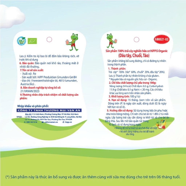 Dinh dưỡng 100% trái cây nghiền hữu cơ HiPPiS Organic vị Dâu tây, Chuối, Táo (4M+)