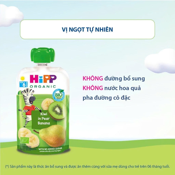 Dinh dưỡng 100% trái cây nghiền hữu cơ HiPPiS Organic vị Kiwi, Lê, Chuối (6M+)