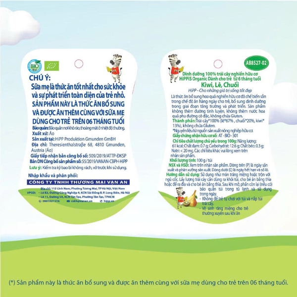 Dinh dưỡng 100% trái cây nghiền hữu cơ HiPPiS Organic vị Kiwi, Lê, Chuối (6M+)