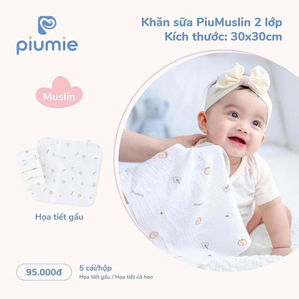 Hộp 5 khăn sữa Muslin Piumie 2 lớp - Piu Muslin (30x30CM)