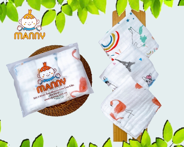 Set 3 Khăn Sữa Manny Sợi Tre Muslin 30x30cm (họa tiết ngẫu nhiên)