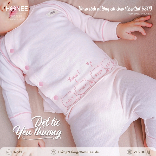 Bộ Sơ Sinh Nỉ Lông Cài Chéo Honee Essential 6303