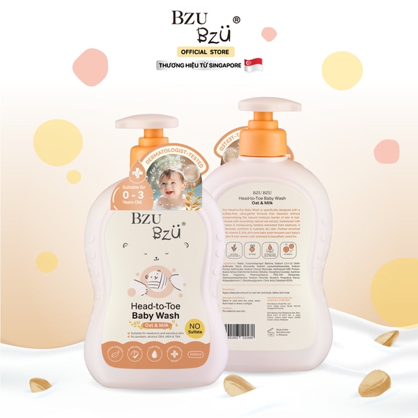 Sữa tắm gội toàn thân cho bé Bzu Bzu chiết xuất yến mạch và sữa 600ml (0M+)