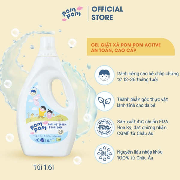 Gel giặt xả Pom Pom Active dành cho bé từ 1 tuổi và cả nhà (chai 1.6L)