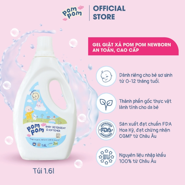 Gel giặt xả Pom Pom Newborn dành cho bé sơ sinh 0-12 tháng (chai 1.6L)