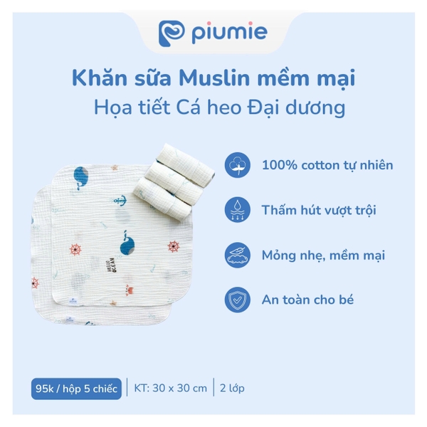 Hộp 5 khăn sữa Muslin Piumie 2 lớp - Piu Muslin (30x30CM)