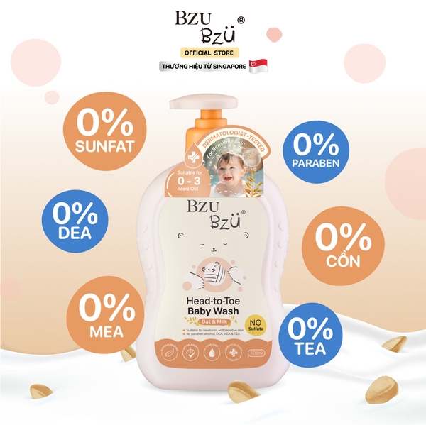 Sữa tắm gội toàn thân cho bé Bzu Bzu chiết xuất yến mạch và sữa 600ml (0M+)