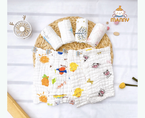 Set 5 Khăn xô Manny 6 lớp Organic cao cấp 30x30cm (họa tiết ngẫu nhiên)