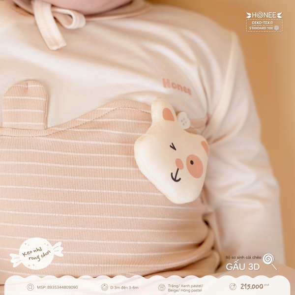 Bộ sơ sinh cài chéo Gấu 3D Honee 9090