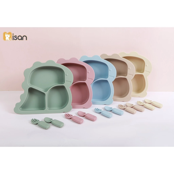 Khay ăn dặm silicon Misan Khủng Long 3 ngăn kèm thìa dĩa