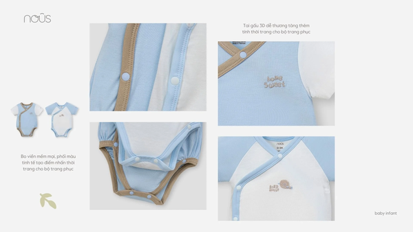 Set 2 bodysuit cài lệch cộc tay Nous màu xanh phối trắng