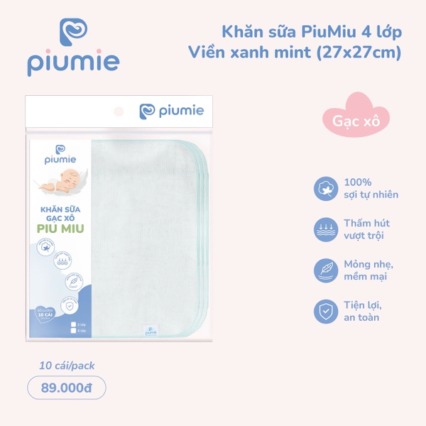 Set 10 khăn sữa gạc xô Piumie cotton 4 lớp (27x27cm)